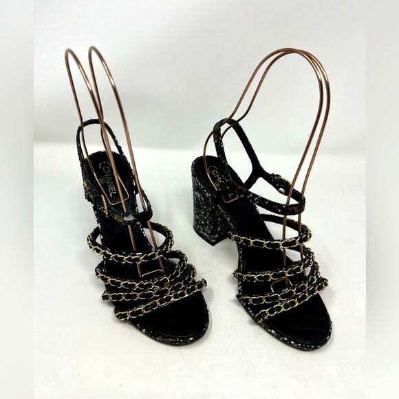 Chanel CC Logo Chain Link Ankle Strap Sandal Heel Python Mule size 38 EU 7.5 US - Picture 3 of 11